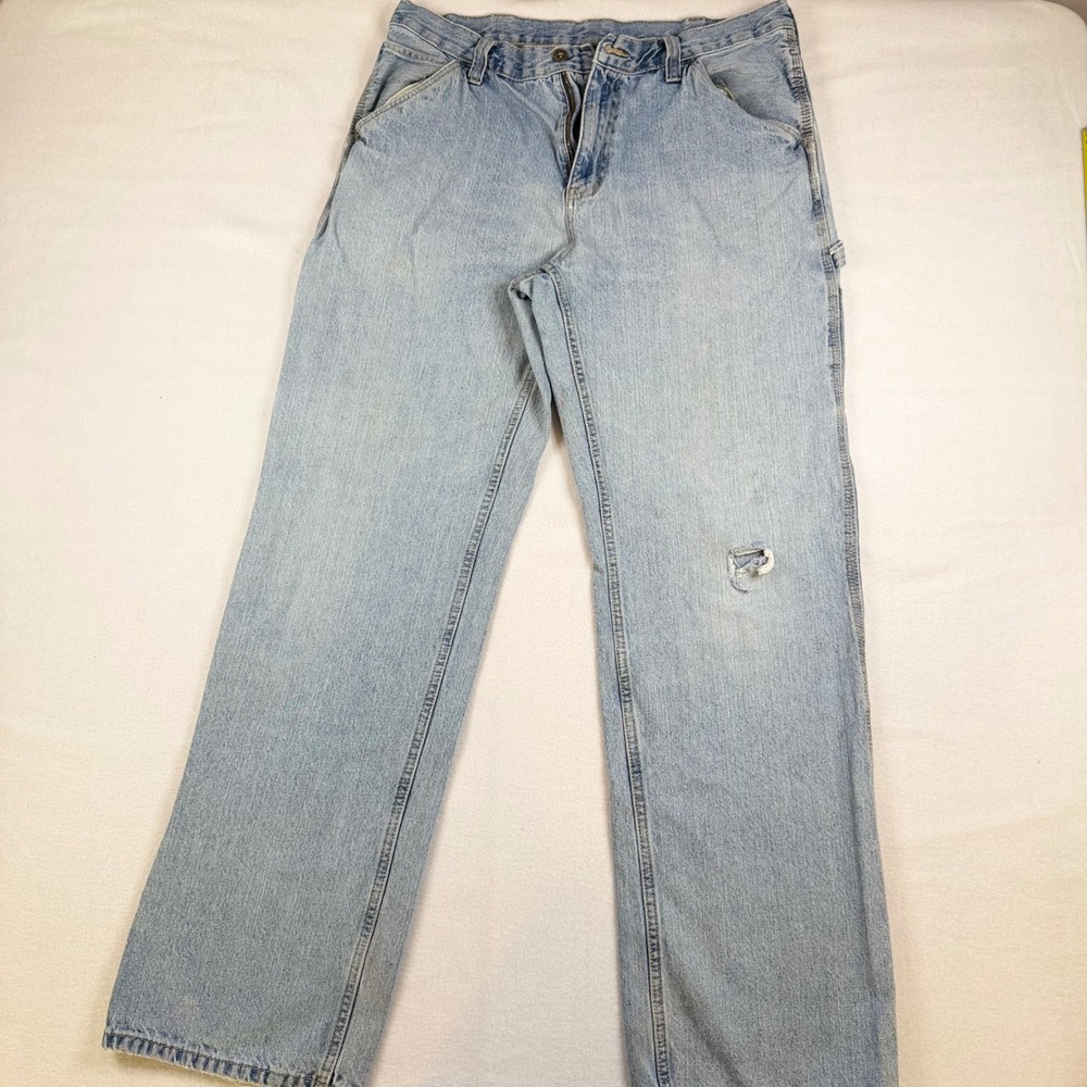 Faded Glory Mens Carpenter Jeans 34x34 Light Wash Distressed Denim Workwear